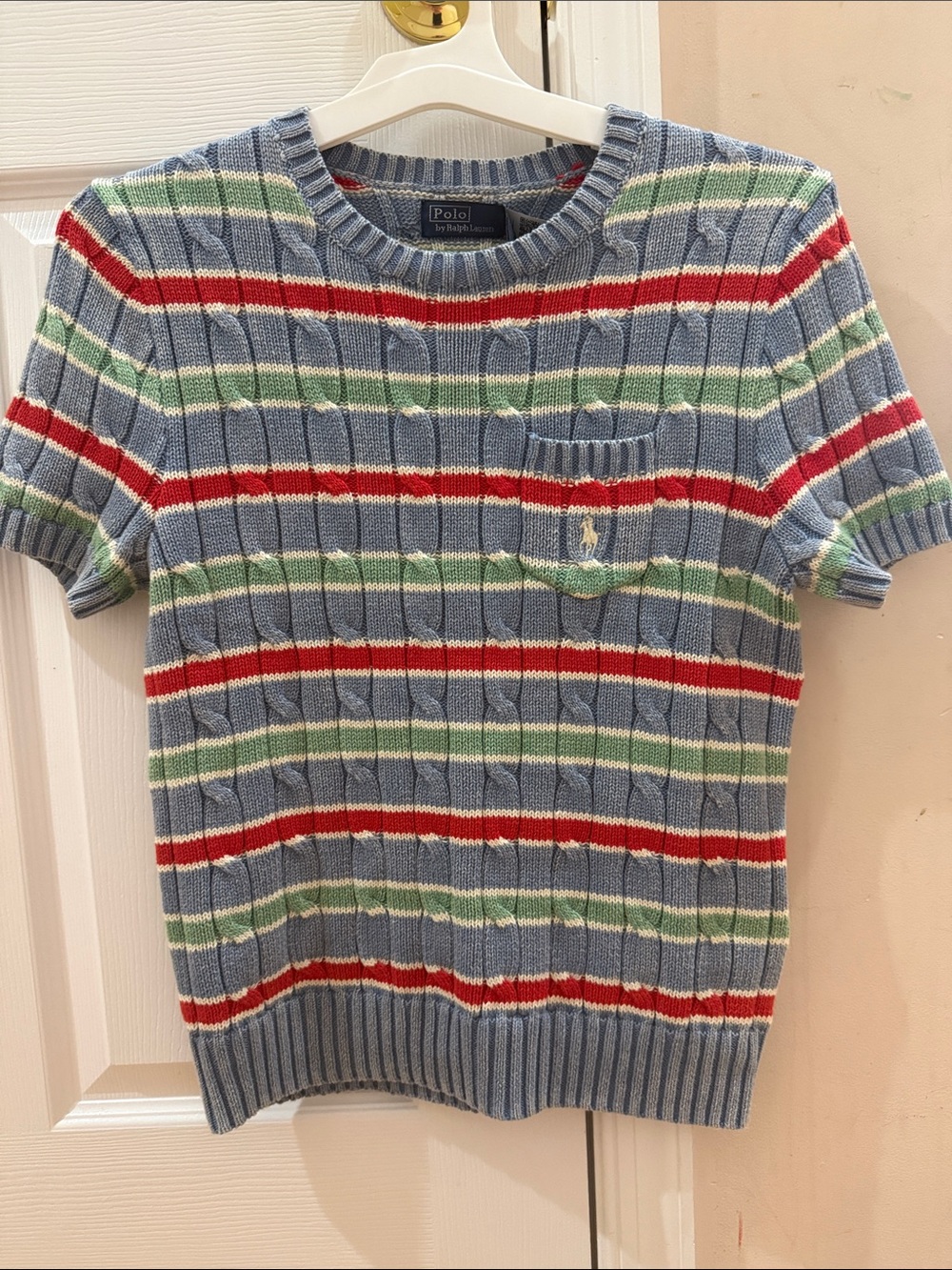 Polo Ralph Lauren Striped Cable-Knit Short Sleeve Sweater in Light Blue